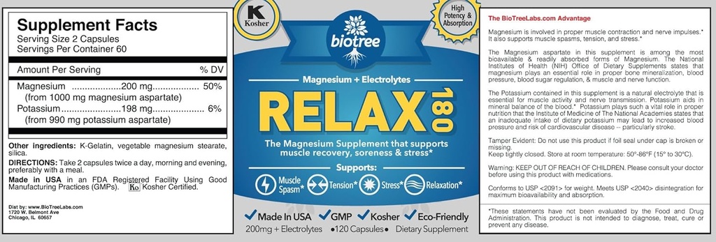 BioTree Labs Relax 180 - Συσκευασία των 3 x 120, Μαγνήσιο & Κάλιο συμπλήρωμα με ηλεκτρολύτες 60 ημέρες