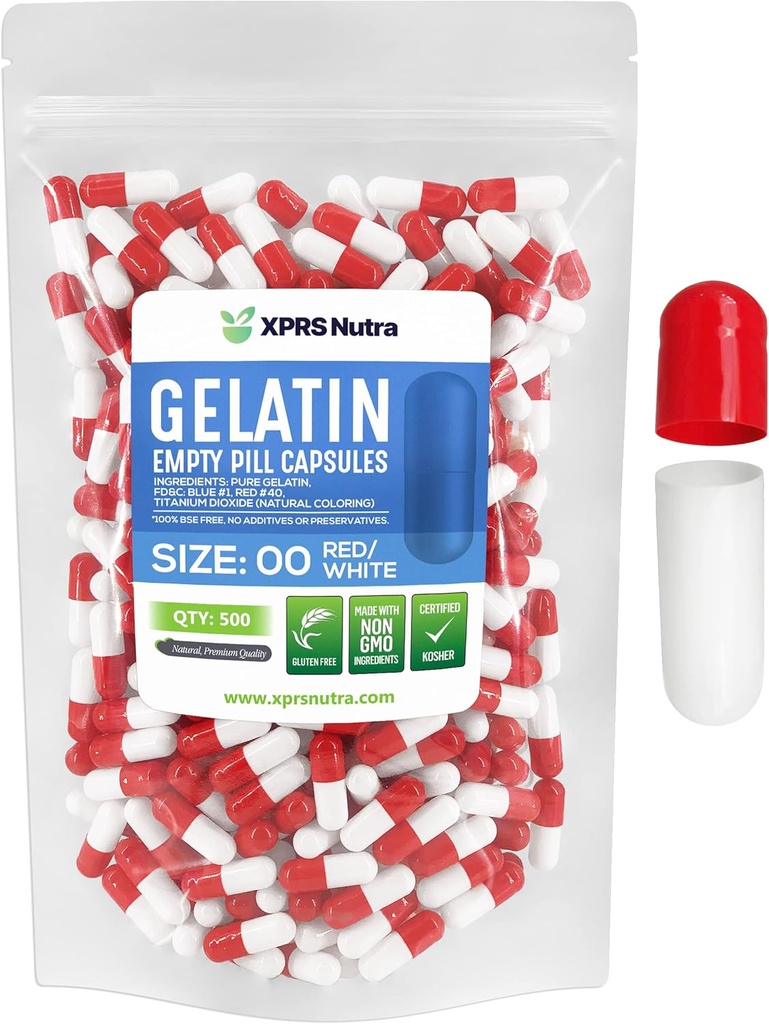 XPRS Nutra Μέγεθος 00 Κενές κάψουλες - 500 Count Empty Gelatin Κάψουλες - DIY Καψάκιο Γέμισμα - Γέμισμα χάπια Gel Caps για Do-It-Yourself Συμπληρώματα (Red/White)