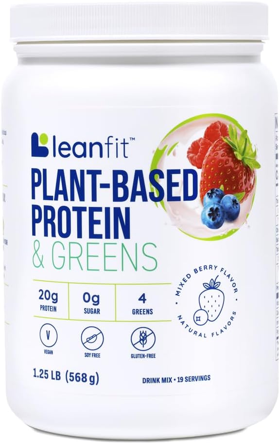 LeanFit Plant-Based Protein & Greens, Natural Berry, 20g Protein, 19 Hizmet, 1.25 Pound Tub