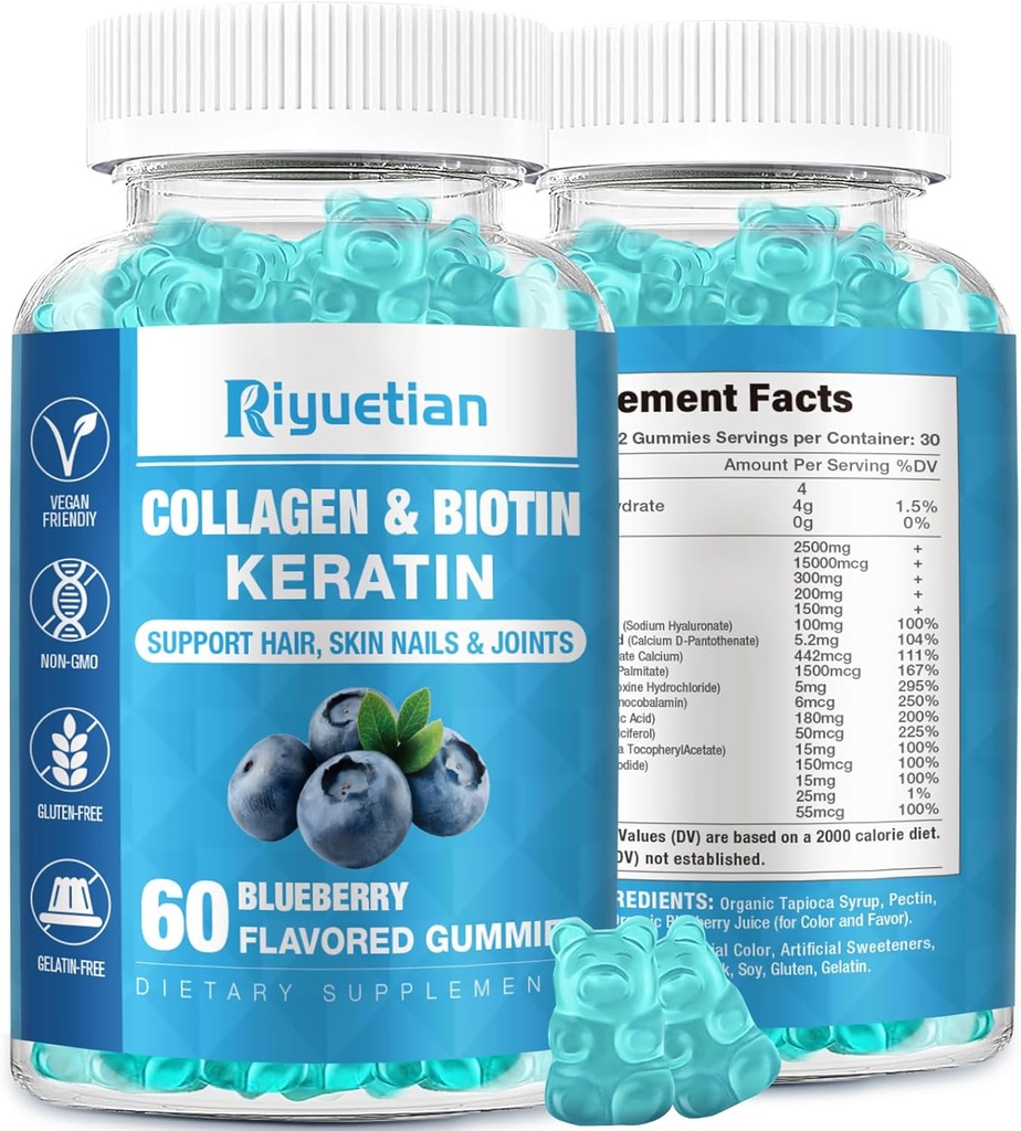 Yetişkinler Kadınlar ve Erkekler için Collagen ile 15000 s - Saç, Skin & Nails Gummies with Biotin - Collagen for Women - Vegan, Non-GMO, Hair Vitamins - 60 Count, 1 Pack