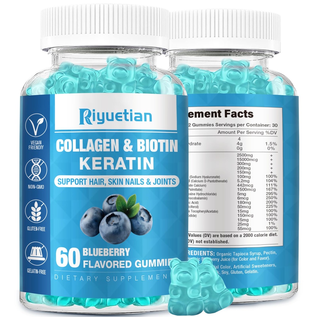 Yetişkinler Kadınlar ve Erkekler için Collagen ile 15000 s - Saç, Skin & Nails Gummies with Biotin - Collagen for Women - Vegan, Non-GMO, Hair Vitamins - 60 Count, 1 Pack