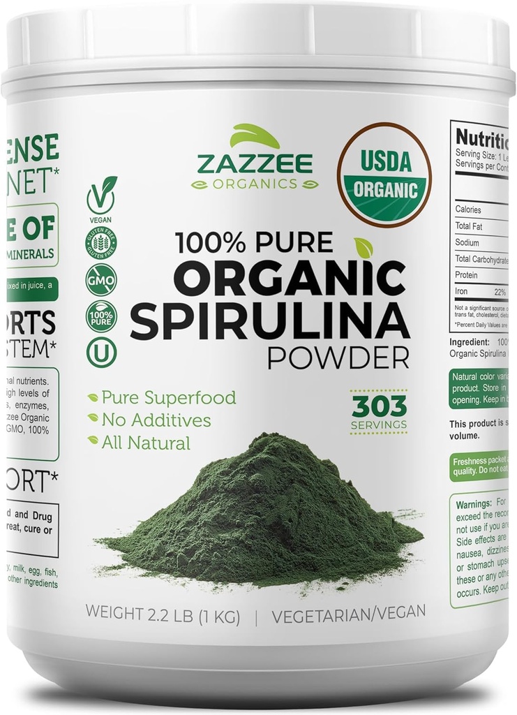 Zazzee Organik Spirulina Toz, 2.2 Pounds (1 KG), USDA sertifikalı, 303 Hizmet, Kosher,% 100 Pure, Non-Irradiated, Mess-Free Wide Mouth Konteyner, Fresh Koku ve Neutral Tadı, Non-GMO, Gluten-Free-Free-Free-Free-Free-Free-GMO, Gluten-Free-Free-Free-Free-Free-Free-Free-