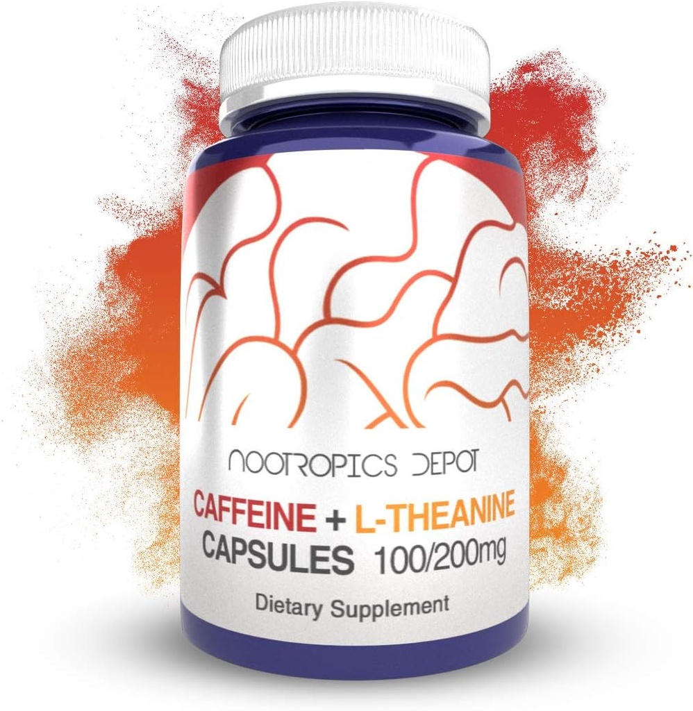 Nootropics Depot Caffeine L-Theanine Capsules | 180 Pills | Contains 100mg of Caffeine and 200mg of L-Theanine | Brain Booster | Energy Supplement | Increase Mental Focus + Alertness |