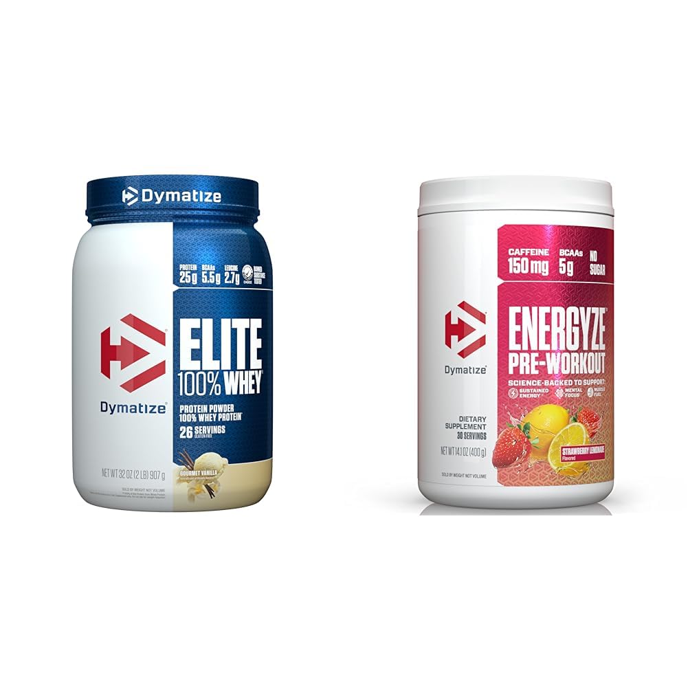 Dymatize Πρωτεΐνη ορού γάλακτος και πριν από την προπόνηση Combo, Elite 100% Whey Protein Powder Gourmet Vanilla 26 Σερβίρετε, Energyze Pre Workout σκόνη για άνδρες και γυναίκες Λεμονάδα φράουλα Γεύση 30 Σερβίρισμα