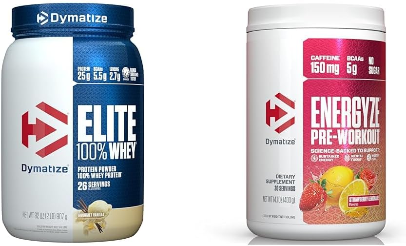 Whey proteini ve Pre Workout Combo, Elite 100% Whey protein Toz Gur Vanilla 26 Serve, Energyze Pre Workout Toz for Men and Women Strawberry Lemonade Flavor 30 Servisler