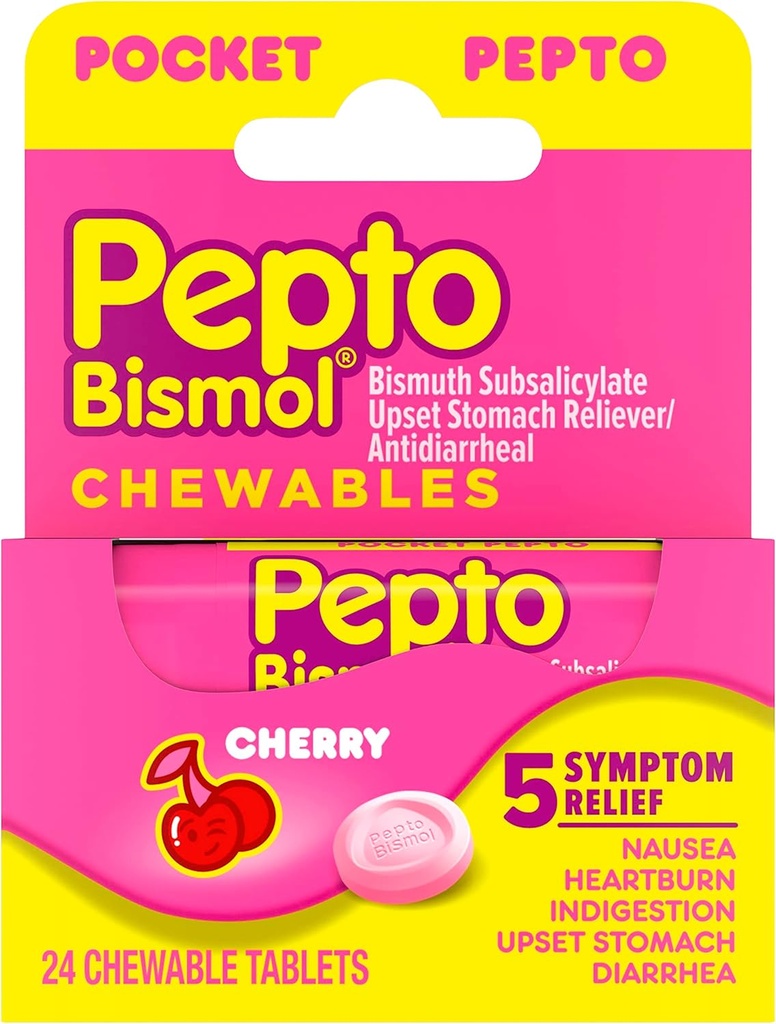 Pepto Bismol Pocket Chewable Tables for Nausea, Heartburn, Indigesion, Upset Stomach, and Diarrhea - 5 Symptom Fast Relief, Cherry Flavor 24 ct