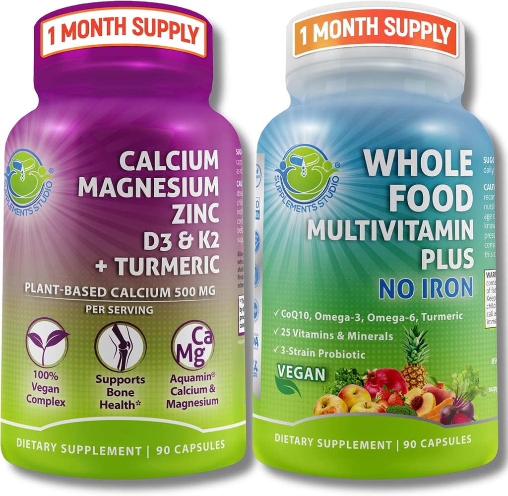 SUPPLEMENTS STUDIO Daily Immune, Bone & Energy Support Duo for Men & Women – Vegan Whole Food Multivitamin Without Iron & Plant-Baseduba Magnezyum with D3, K2 & Turmeric – Vegan, Non-GMOMO