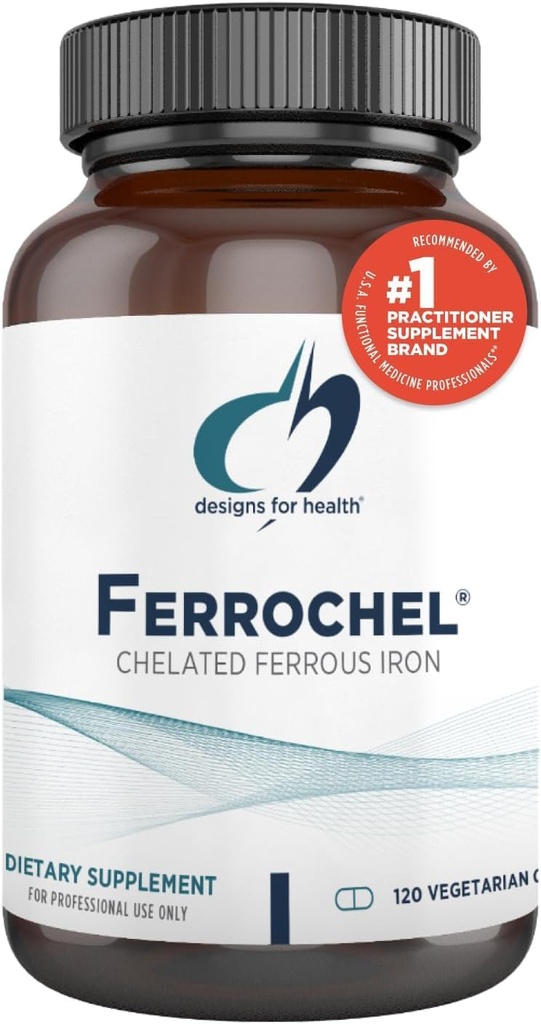 Sağlık Demiri için Tasarımlar - Enerji Üretimi, Immune & Brain Health, High Abors Ferrochel Chelated Iron for Women & Men as Ferrous Bisglycinate Chelate - Güvenli (120 Vegan Caps)