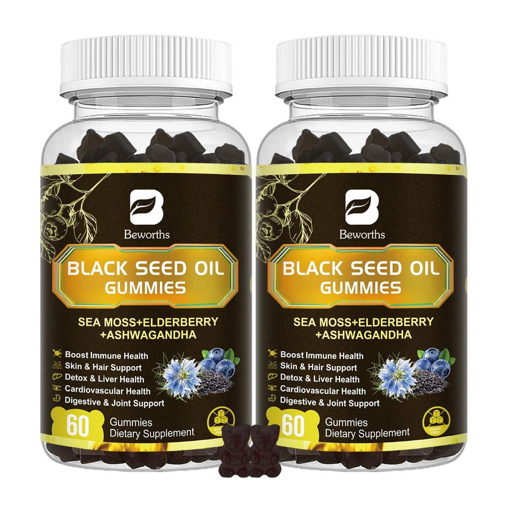 Black Seed Oil & Sea Moss Gummies, 2Pack Irish Sea Moss Gummies με Black Seed Oil, Ashwagandha Extract, Elderberry, Turmeric, Vitamin C, Vitamin D3 - Ανοσολογική υποστήριξη, αρθρώσεις, πέψη, μαλλιά & δέρμα