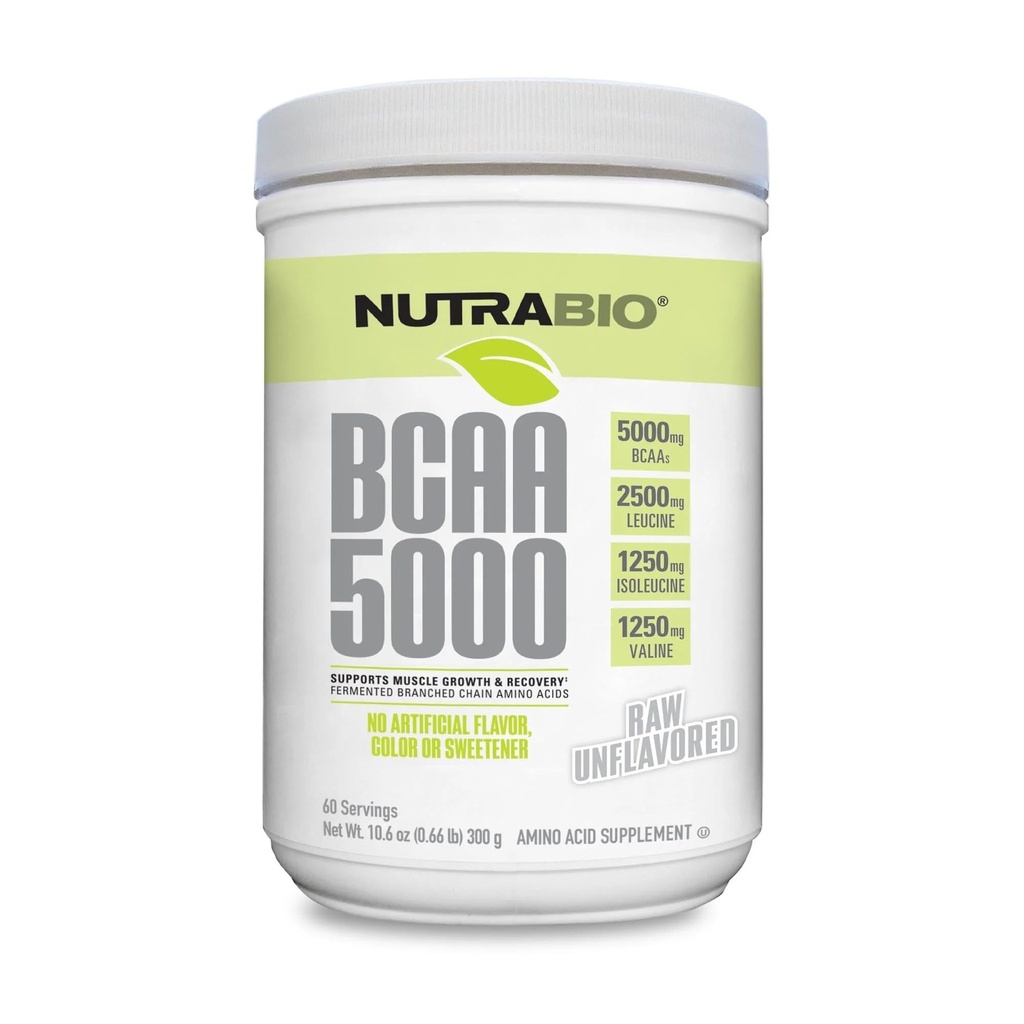 NutraBio BCAA 5000 Toz - Kas Büyüme ve Kurtarma için Fermented Zincir Amino Asits - Doğal Flavors, Sweeteners ve Coloring, Vegan, Gluten Free - Unflavored, 60 Hizmetler