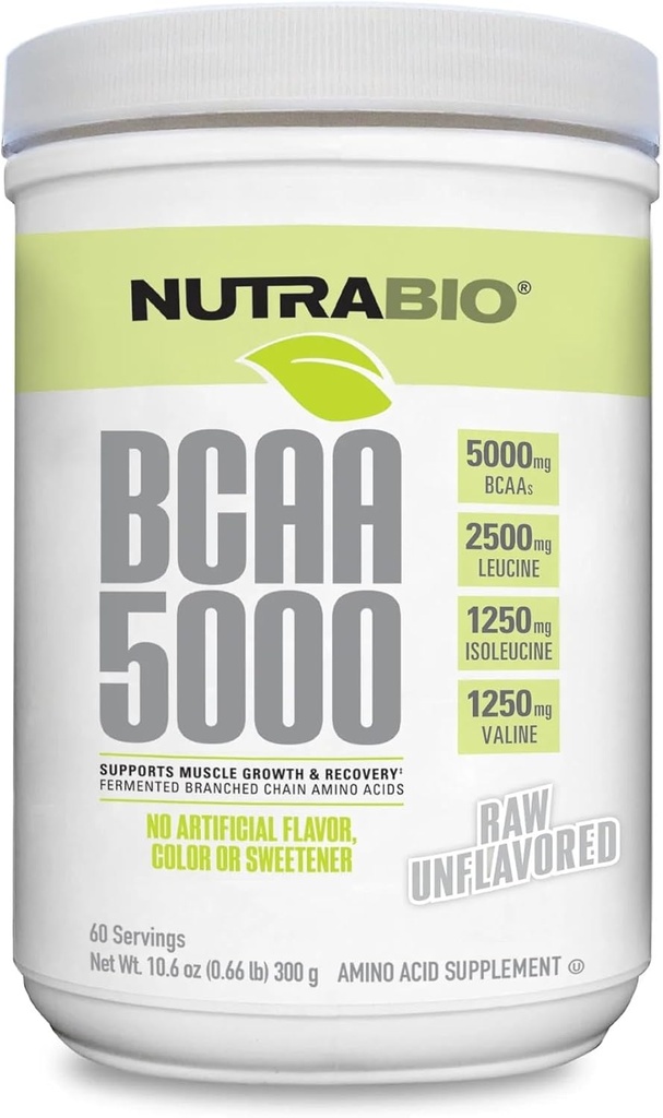 NutraBio BCAA 5000 Toz - Kas Büyüme ve Kurtarma için Fermented Zincir Amino Asits - Doğal Flavors, Sweeteners ve Coloring, Vegan, Gluten Free - Unflavored, 60 Hizmetler