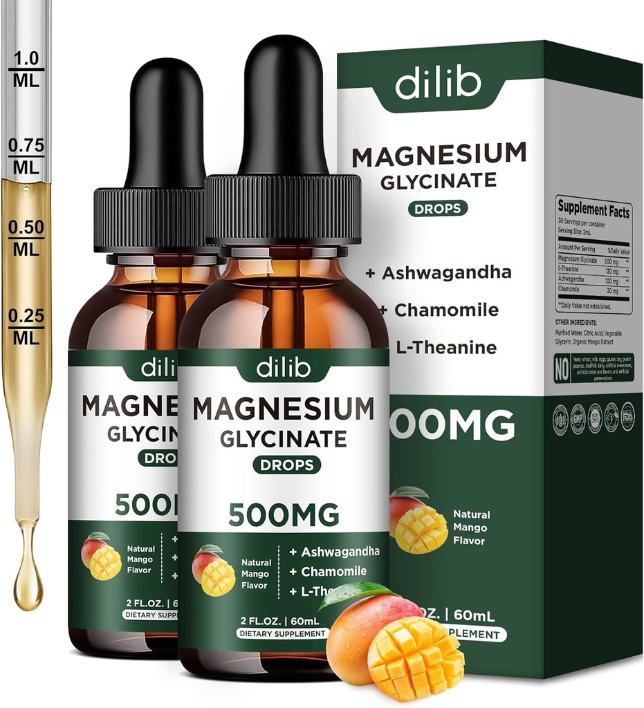 Magnezyum Glycinate Liquid Drops Supplement, Magnezyum Glycinate 500 mg Ashwagandha, L - Theanine, Chamomile - Support Stress Relief, Bone, Muscle, Mood Mango Flavor 2Pack