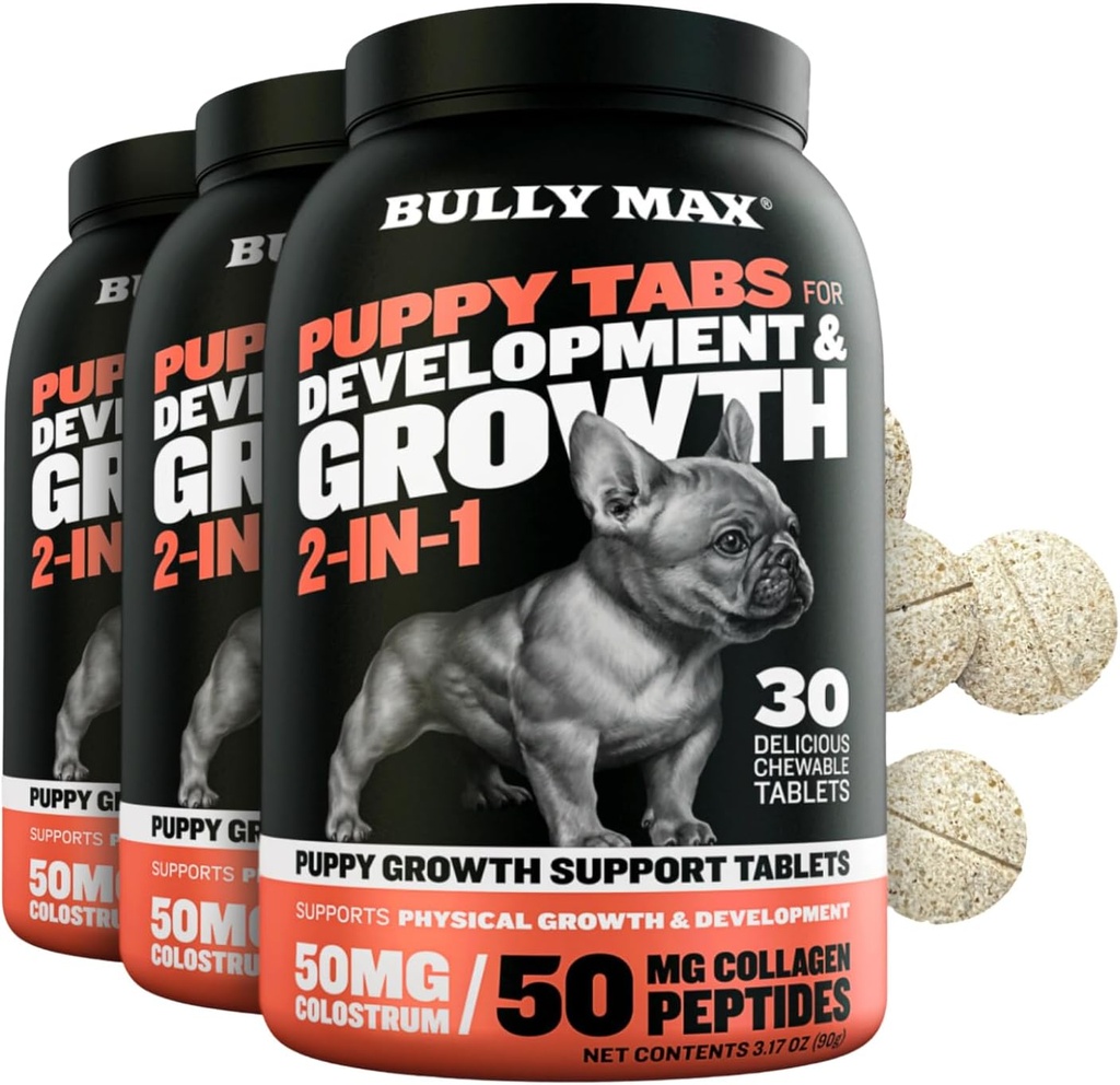 Bully Max 2-in-1 Puppy Vitamins - 30 Μασώμενα δισκία για την ανάπτυξη & ανάπτυξη των κουταβιών - Multivitamin Treats & Essential Dog Συμπληρώματα για Μικρά Σκυλιά & Μεγάλη Φυλή Μεγαλώνοντας κουτάβια - 3 Μπουκάλια