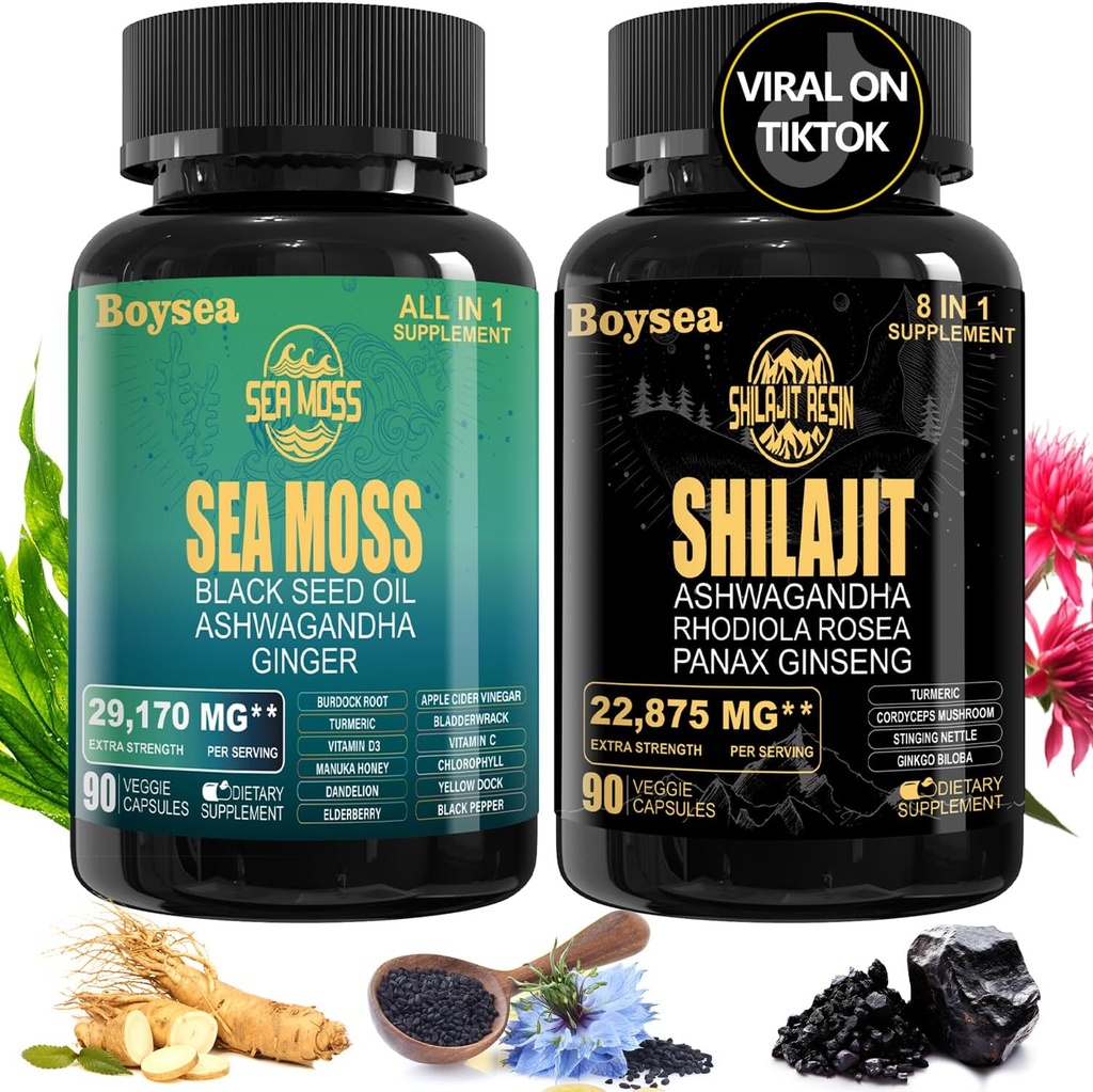 Geloo Superfood Supplement Sche - 90 Kont Sea Moss Capsules (Sea Moss, Black Seed Oil) & 90 Kont Pure Shilajit Capsules (Shilajit, Ashwagandha) -1 Pack
