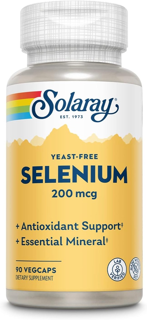 Solaray Yeast Free Selenium 200mcg, Selenium Capsules for Health Yourroid Function & Immune Support, High Abxia Supplement, Vegan, 90 Hizmet, 90 VegCaps