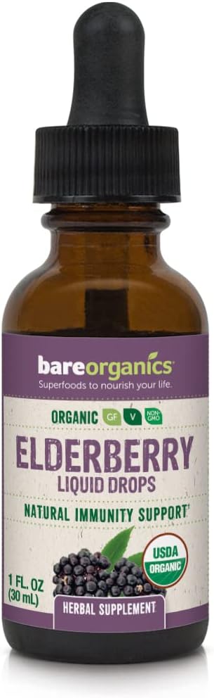 BareOrganics Elderberry Υγρές σταγόνες, συμπλήρωμα βοτάνων, 1 ουγγιά