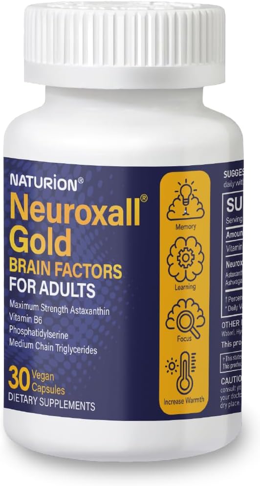 Neuroxall Gold Brain Παράγοντες για Ενήλικες - Γνωστική & Ψυχική Ευεξία Υποστήριξη με Βιταμίνη Β6, Ασταξανθίνη, Ginkgo Biloba, Ashwagandha & Turmeric & - 30 Κάψουλες Vegan, 30 Ημέρα προσφοράς