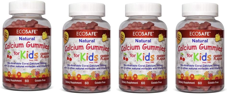 Βιταμίνη Ασβέστου Κοραλλιογενών D3 Παιδιά Gummy, Φυσικό άρωμα κερασιού, Μη ΓΤΟ, Χωρίς γλουτένη, Χωρίς γαλακτοκομικά, Χωρίς σόγια και Ζελατίνη Χωρίς - 300 mg ασβεστίου, και 800 IU Βιταμίνης D3-60 Gummies (4 Συσκευασία)