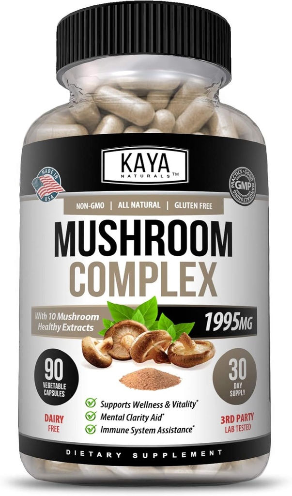 Kaya Naturals Premium Mushroom Complex Poent 1995mg ανά υπηρεσία – Υποστήριξη ευεξίας – Μη ΓΤΟ & Χωρίς γλουτένη – 90 κάψουλες