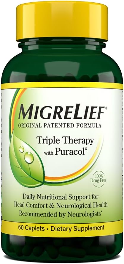 MigreLief Original Triple Therapy with Puracol - Migraine Sufferers için Beslenme Desteği - 60 Caplets/1 ay Supply