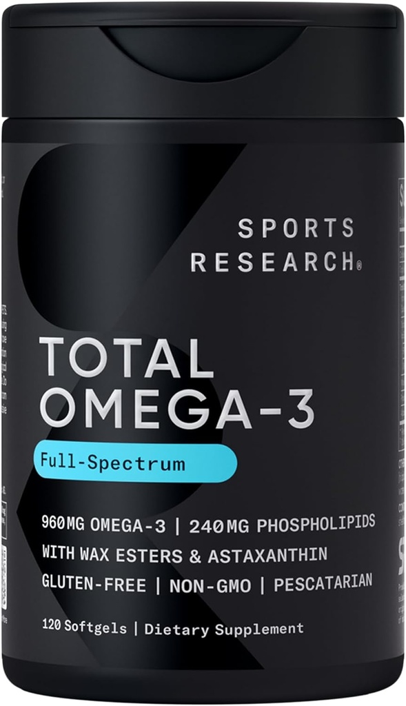 Sports Research® Total Omega-3 Fish Oil 2200mg - Κατασκευασμένο από κριλ Ανταρκτικής w/Astaxanthin, Wild Sockeye Salmon & Alaska Pollock - 960mg EPA & DHA - 120 Softgels