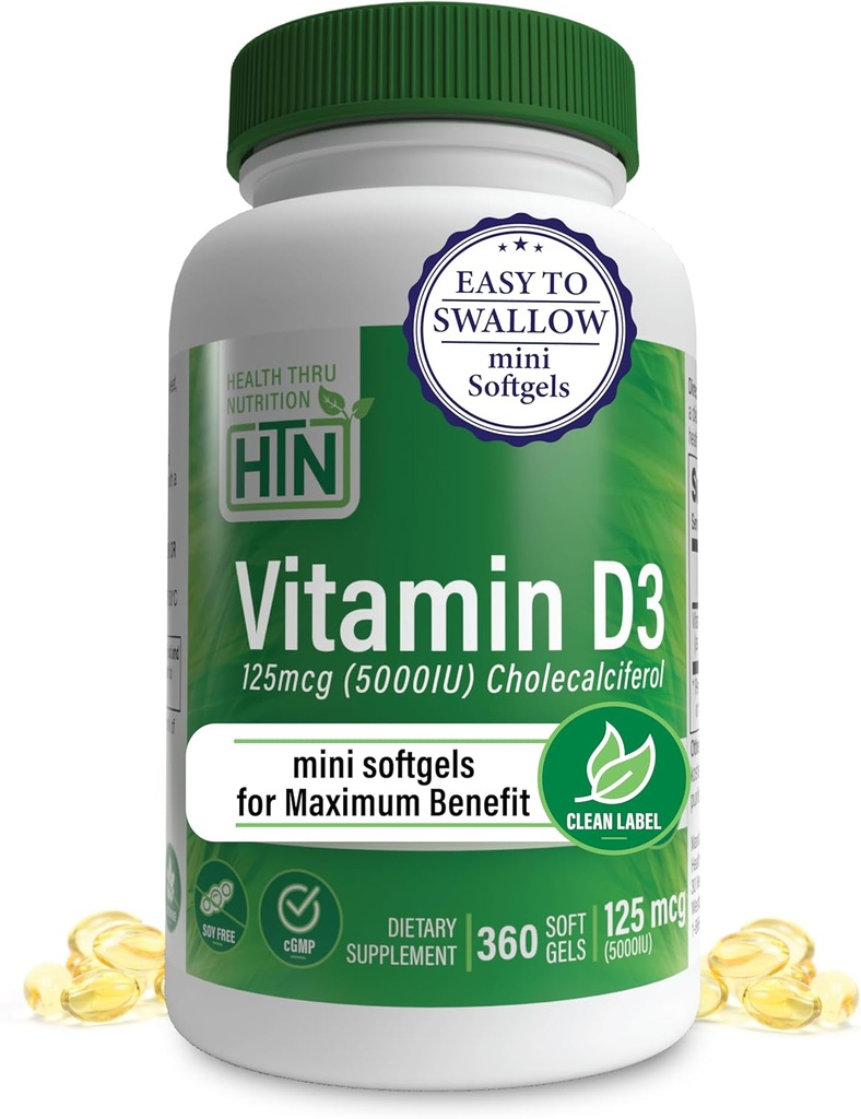 Sağlık Thru Beslenme Vitamini D3 5000iu 360 Mini Yumuşakgelleri Maksimum Fayda Yıl Supply | 125mcg Cholecalciferol | 3rd Parti Test Edildi | Non-GMO USP Organik EVOO | Immune Health Support