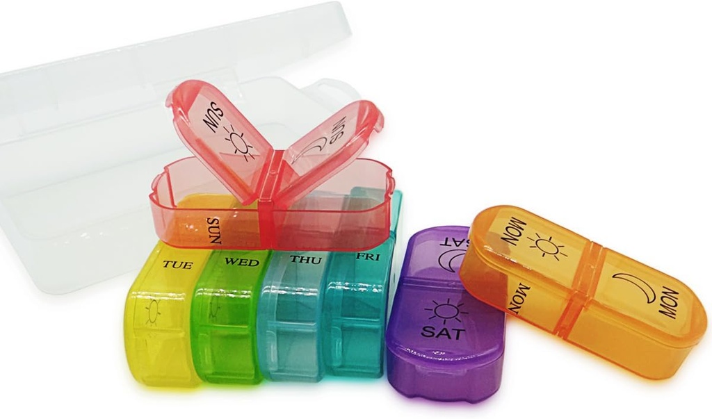 Travel Pill Organizer 7-Day for Purse Pocket, Daily Medicine Case Box with 14 Compartment Weekly Meds Container Reminder Planner AM PM Hold Medicine, Vitamin, Supplement, Fish Oil, Colorful