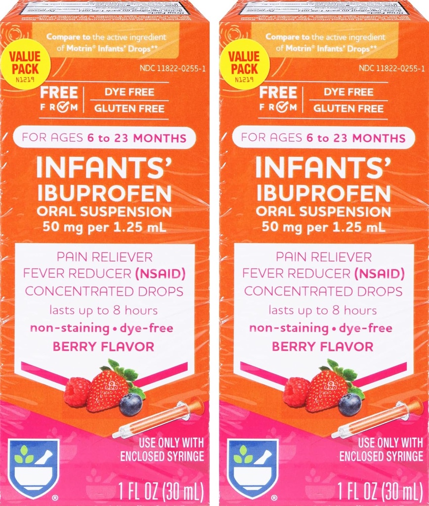 Rite Aid Infants' Dye-Free Ibuprofen Drops, Berry Flavor, 50 mg - 2 Değer Paketi | Bebek Ağrısı Reliever | Bebekler için 6 ila 23 Ay | Oral Suspension 50 mg per 1.25 mL | Gluten Free