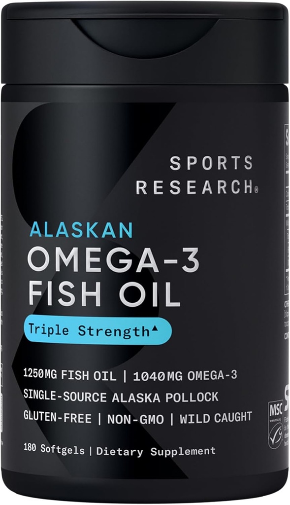 Spor Araştırması Triple Strength Omega 3 Fish Oil - Burpless Fish Oil Supplement w/EPA & DHA Fatty Acids from Single-Kaynak Wild Alaskan Pollock - 1250 mg, 180 ct