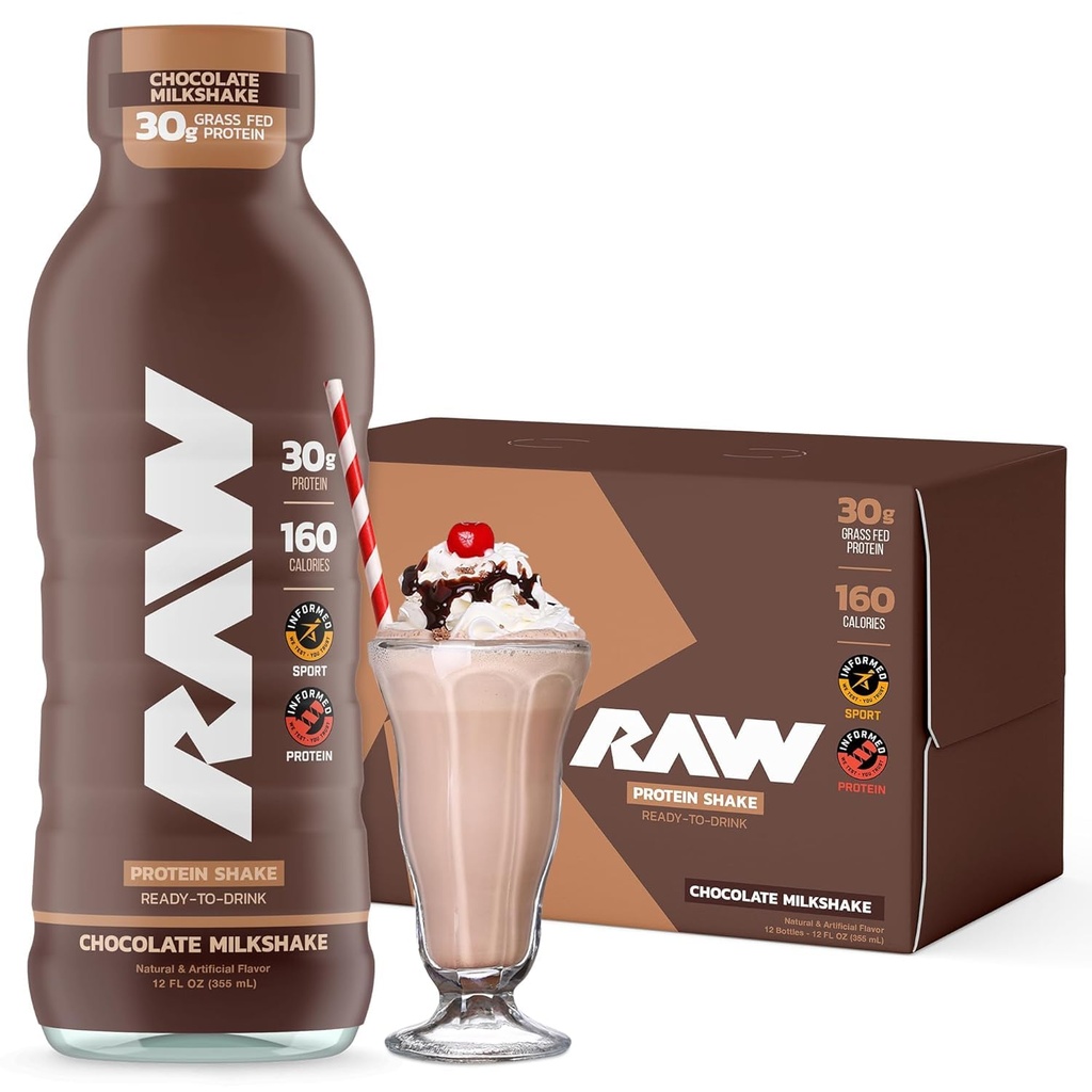 RAW Ready-to-Drink protein Shake, Chocolate - RTD proteini Grass-Fed Whey Protein Isolate for Post-Workout - Zero-Sugar & Gluten-Free Mealchange Drink & Breakfast Shake, 12 Fl Oz