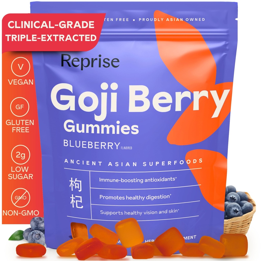 Reprise Goji Berry Superfood Gummies - Όλα-Φυσικό Αντιοξειδωτικό, Digestion, 240 mg Full-Potency, Χαμηλή Σούγκαρ, Vegan, 45 Blueberry Flavored Gummies