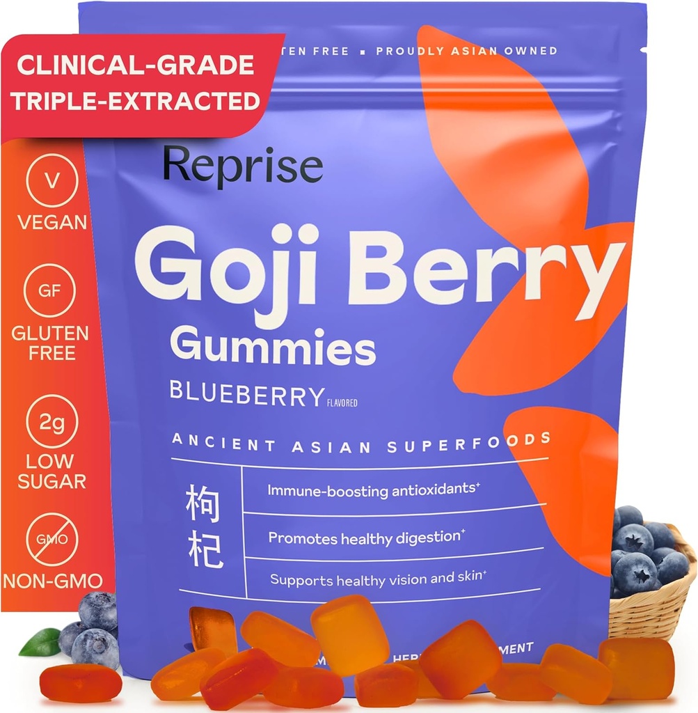Reprise Goji Berry Superfood Gummies - All-Natural Antioxidant, Digestion, 240 mg Full-Potency, Low-Sugar, Vegan, 45 Blueberry Flavored Gummies