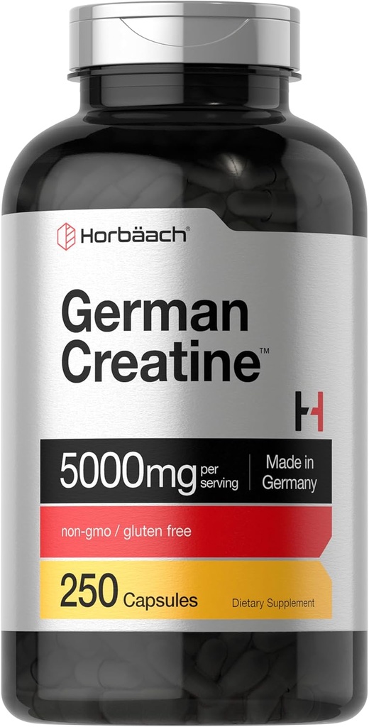 Horbaach Alman Kretine Monohidrat | 5000 mg | 250 Toz Capsules | Non-GMO & Gluten Free Supplement Supplement Supplement