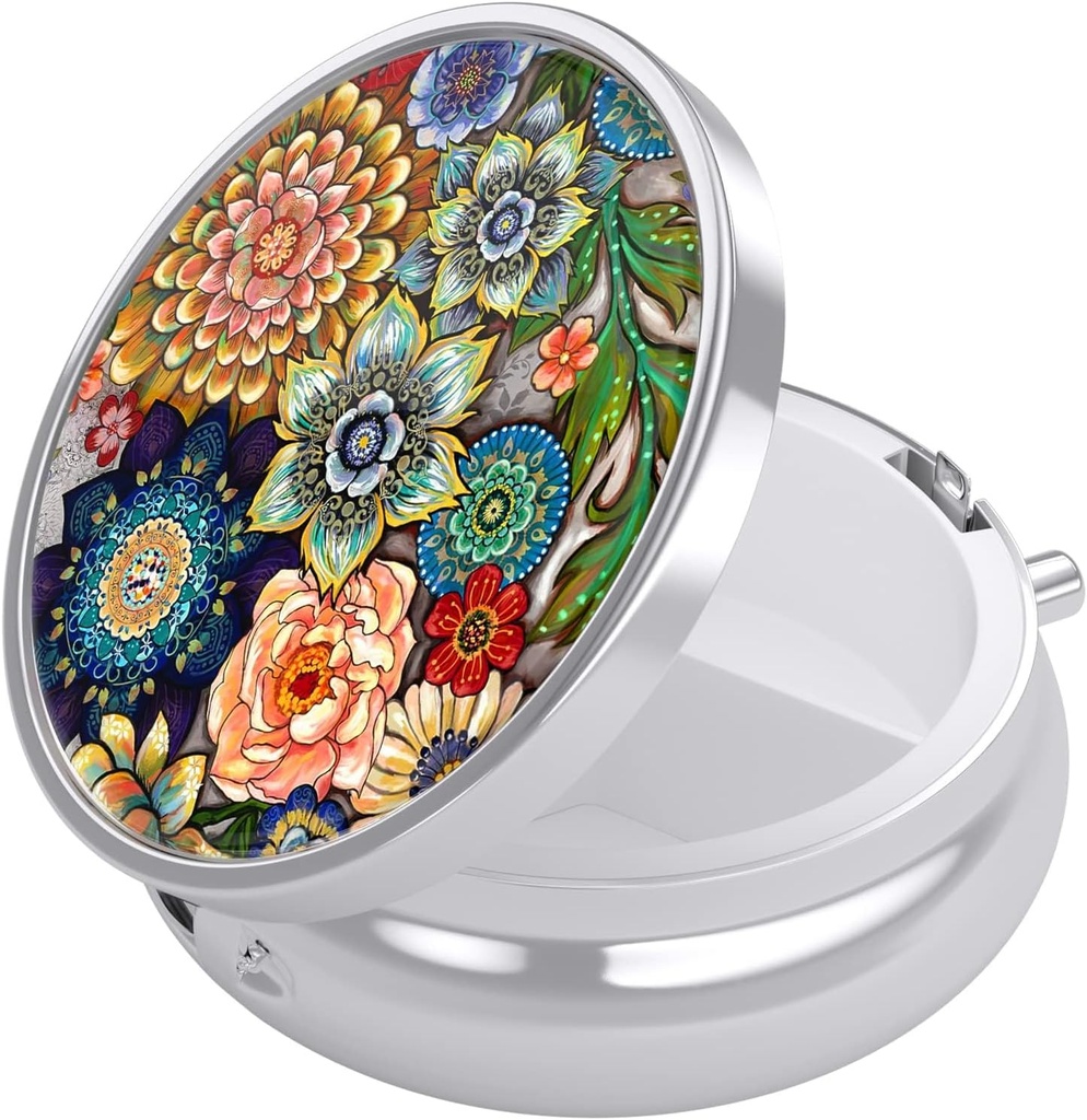 Nipichsha Pill Box, Küçük Pill Case for Purse & Pocket, Cute Travel Medicine Organizer, Portatif Tıp Konteynerleri Vitaminleri, İlaçları, Fish Oil & Supplement, Mandala Çiçek
