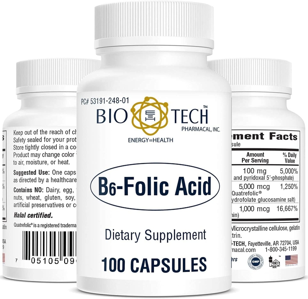 Bio-Tech Pharmacal B6-Folic Acid, 100 Capsules – All-Doğal Supplement – Supports Cardiovascular, Bone, & Nervous System Health – No Dairy, Fish, Gluten, Peanut, Shellfish, Halal, & Soy – No