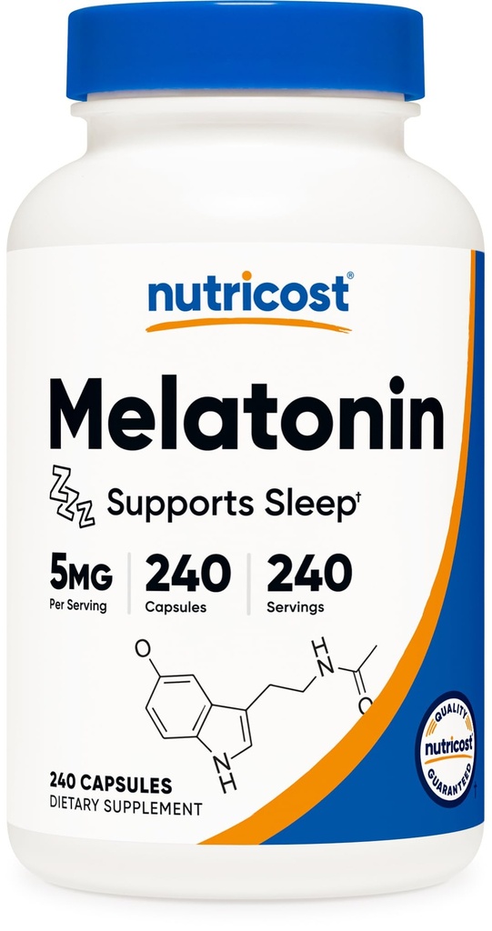 Nutricost Melatonin 5 mg, 240 Capsules - 5 mg Per Service, Non-GMO, Gluten Free Free