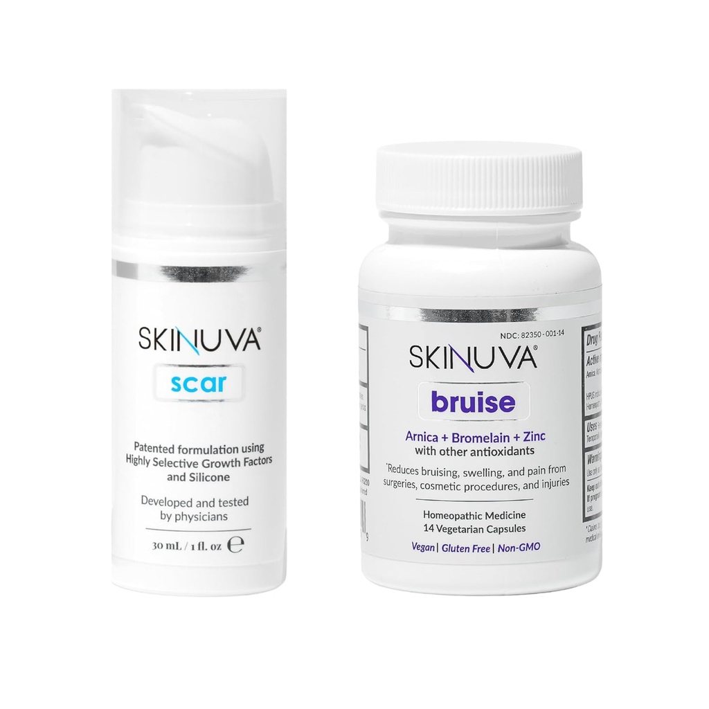 Skinuva® Scar (1 oz) & Bruise (14 kapsül) - Gelişmiş Silikon Kremi Büyüme Faktörleri ve Homeopathic Bruise Remedy Formulated with Arnica, Bromelain & çinko