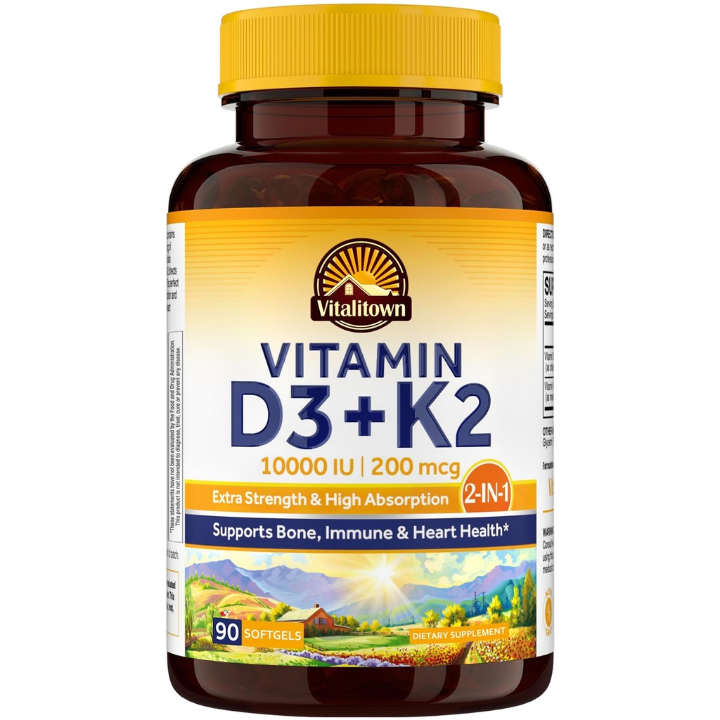 Vitalitown Vitamin D3 K2 Tamam, D3 10000 IU Vitamin K2 (MK7) 200 mcg, 90 Softgels, Non-GMO, No Gluten & Soy, Bone, Teeth, Immune & Heart Health Health