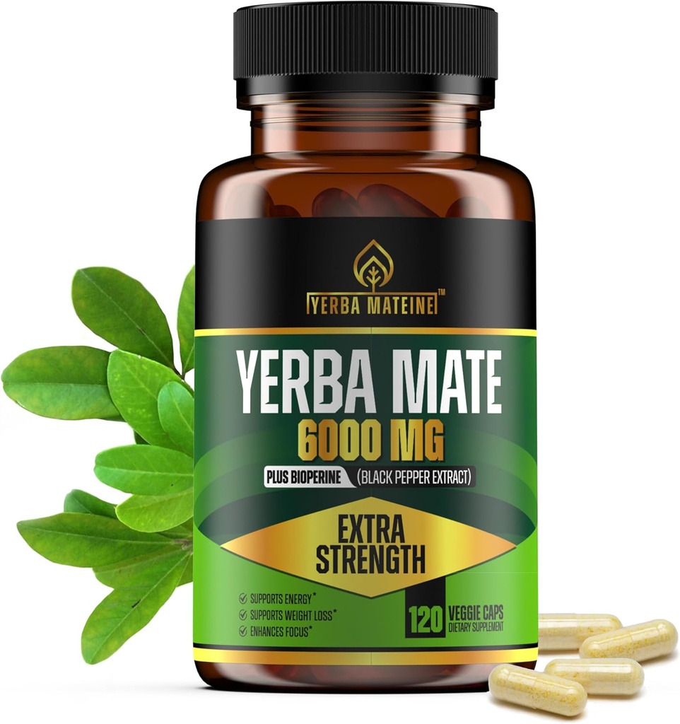 6000mg επιπλέον δύναμη Yerba Mate υψηλής ισχύος, 60mg καφεΐνη ανά κάψουλα, Εκχύλισμα χάπια για καθαρή φυσική ενέργεια, βελτιωμένη εστίαση, συγκέντρωση, Nootropics, Made in USA - 120 Caps