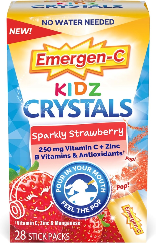 Emergen-C Kidz Crystals, On-Go Immune Support Supplement with Vitamin C, B Vitamins, çinko ven Mangase, Sparkly Strawberry - 28 Stick Packs