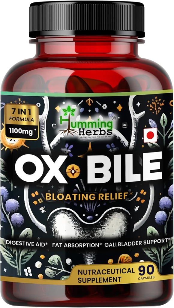 Humming Herbs Ox Bile, Digestive Enzymes & Pre/Probiyotiks 90 Veg Caps Cholic Acid, Inulin, Betainel HC, Peppermint, Bromelain Sağlıklı Digestion & Nutrient Abvitamin - Bile Salts Supplement