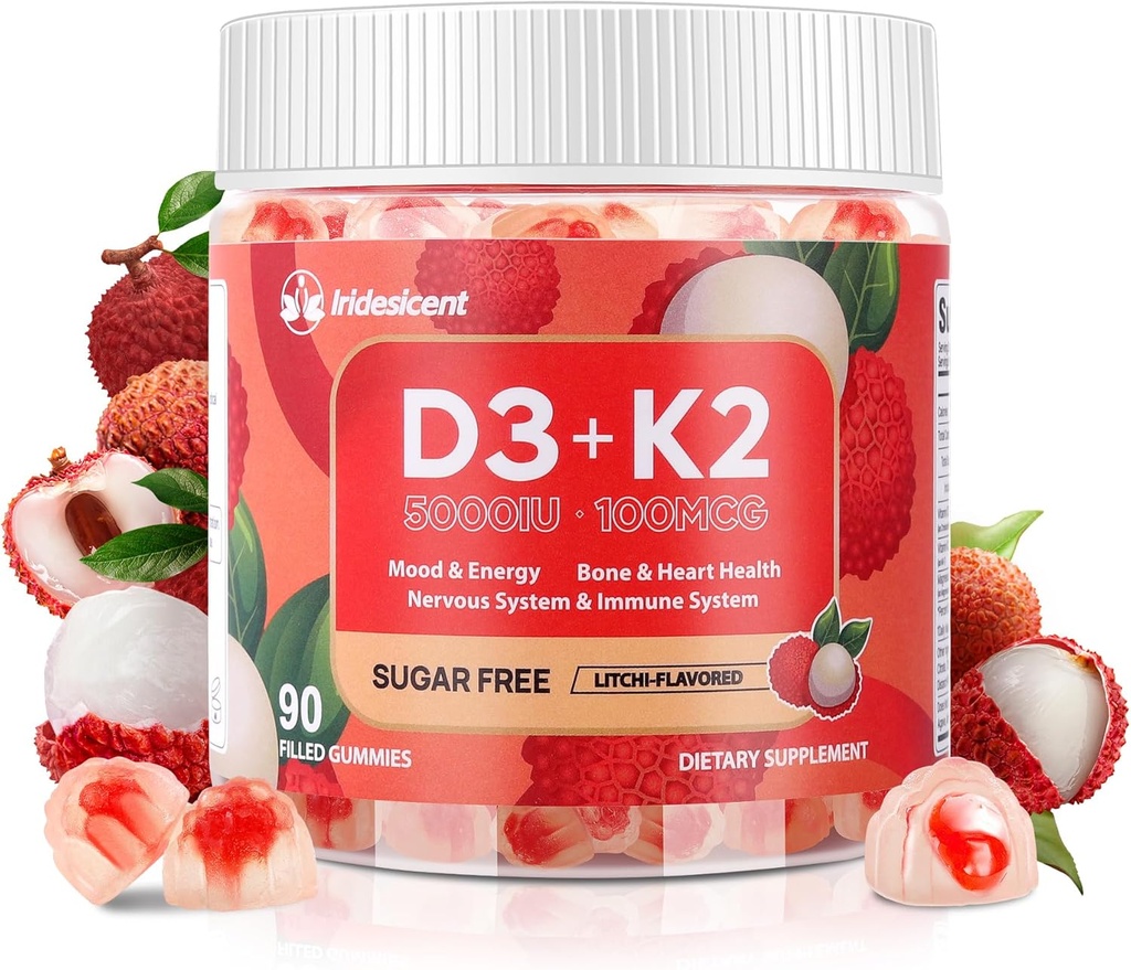 D3 K2 Gummies w/Magnesium Sugar Free - 90 Count | D3 5.000 IU + K2 (MK-7) 100 mcg - Vegan K2 D3 Vitamin Tamam, Yüksek Absorbent Supports Bone, Muscle, Mood & Immune (Lychee Flavor)