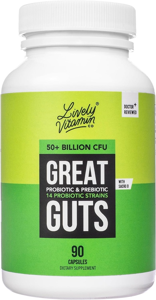 LIVELY VITAMIN CO. Great Guts Probiyotik 50 Milyar CFU Probiyotik - Denge Gut Microbiome, GI Tract, Inflammation, Indigestion, Reflux, Upset Stomach, & Diarrhea - 90 Caps