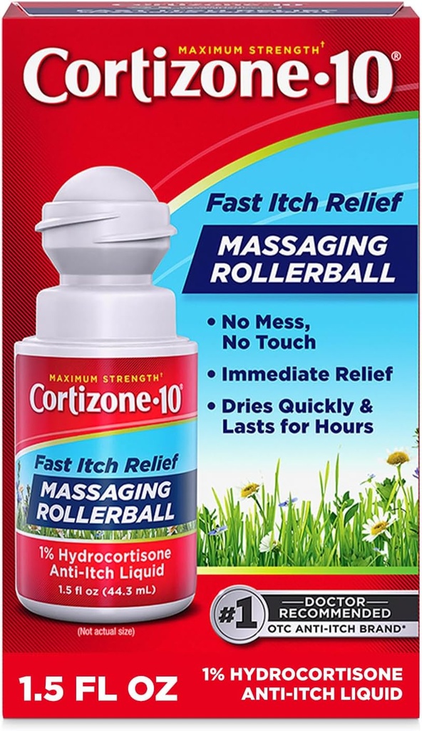 Cortizone-10 maksimum Güçlü Itch Relief Massaging Rollerball,% 1 Hydrocortisone, Fast-Acting, Anti-Itch Liquid for Bug Bites, Rash, Eczema, Psoriasis, Zehir Ivy, Oak, Sumac, 1.5 s.