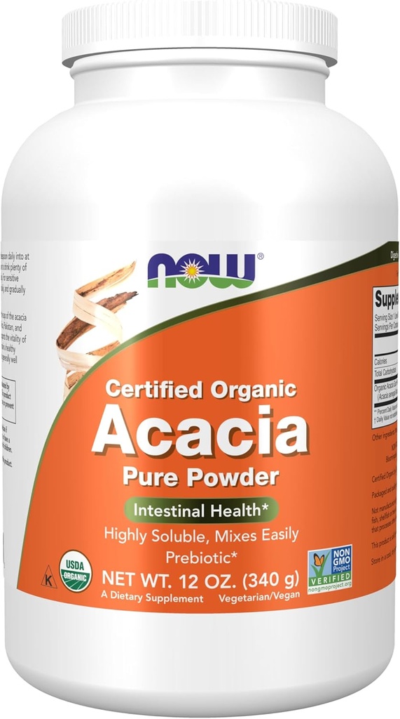 NOW Συμπληρώματα τροφίμων, Acacia Pure Powder, Certified Organic, Highly Soluble, Mixes Εύκολα, Εντερική Υγεία*, 12 Ounce