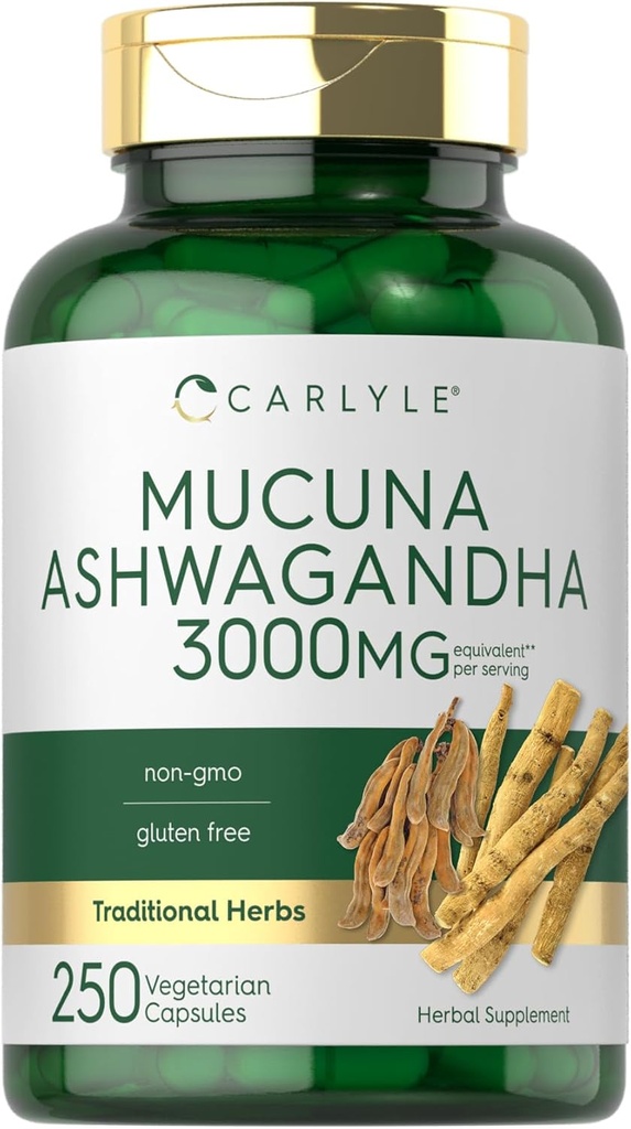 Carlyle Mucuna Ashwagandha ile | 3000 mg | 250 Capsules | Mucuna Pruriens Supplement | Vegetarian, Non-GMO, Gluten Free