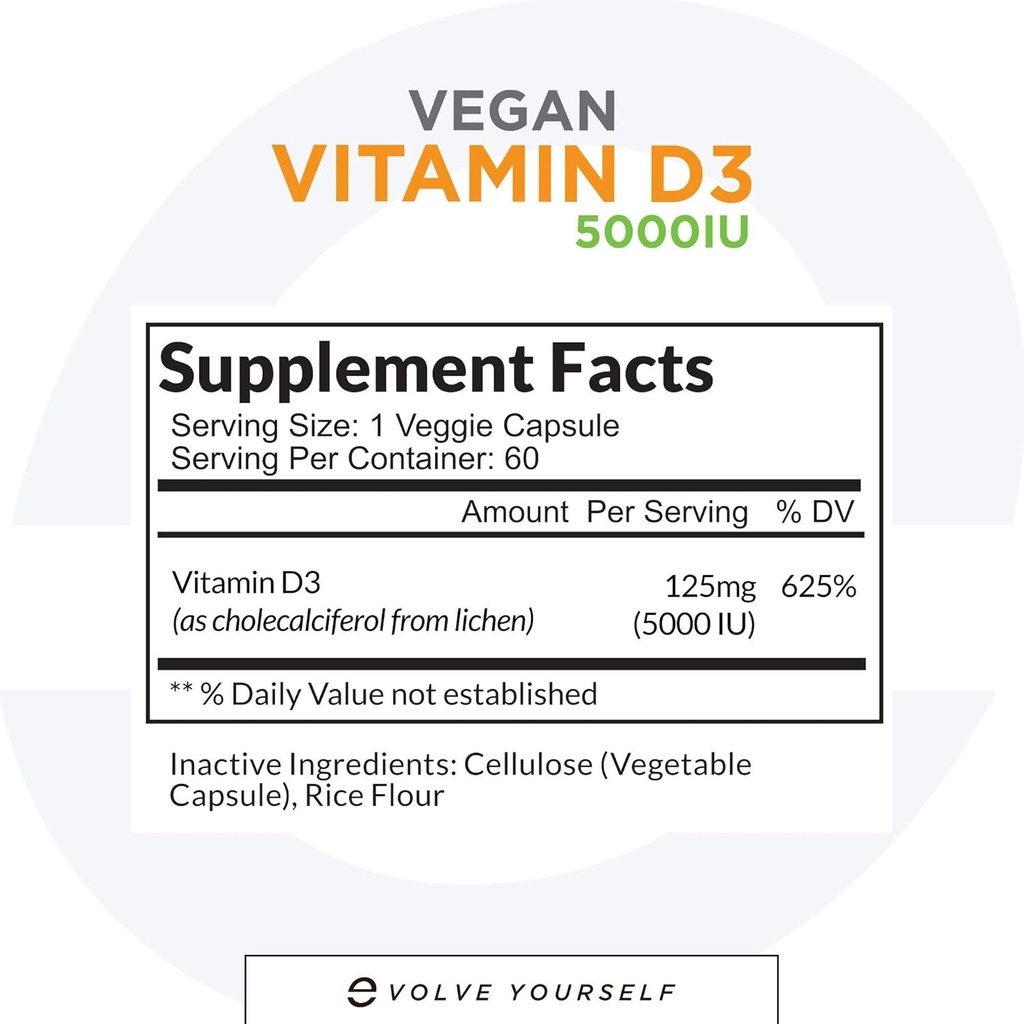 Vegan D3 5000 IU Supplement - Pure, High Potency D3 Vitamin 5000 Immune Health & Güçlü Bones Support - 120 Capsules, 2Month Supply of VIT D3