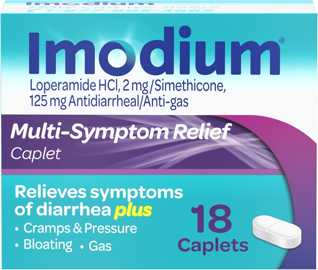 Imodium Multi-Symptom Relief Caplets, Loperamide Hydrochloride & Simethicone Anti-Diarrheal Medicine for The Relief of Diarrhea, Gas, Bloating, Cramps & Pressure, HSA/FSA Επιλέξιμη, 18 ct