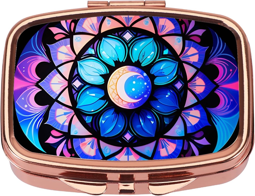 Dynippy Pill Case Pill Box with Mirror Retro Pocket 2 Karşılaştırmalı Tıp Davası Pill Organizer for Pocket Purse and Travel (Rose Gold-Moon Flower)