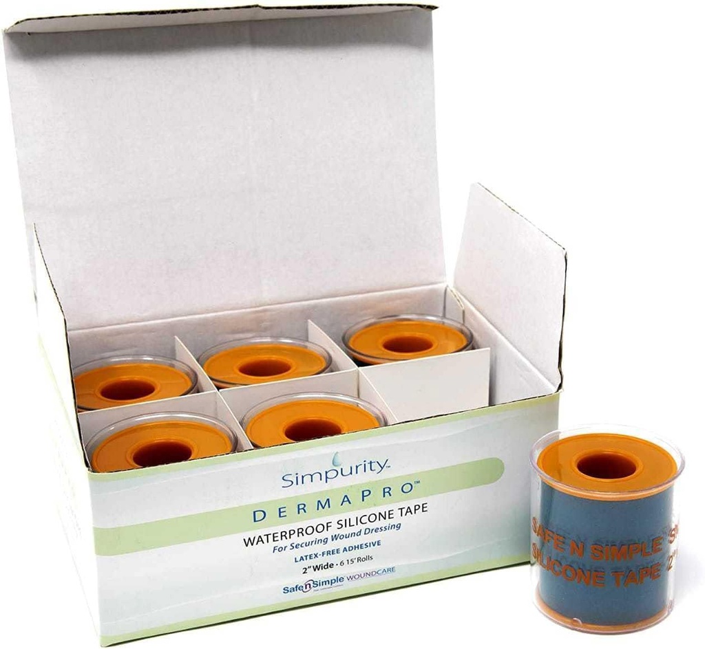 Simpurity DermaPro Silicone Tape Waterproof -2"x15' Individual Pack of 6- Latex Free Tape Medical for Securing Wound Dressing - Silicone Wound Healing Tape for Sensitive Skin Waterproof
